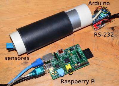 Sensores y microcrontrolador Arduino Nano, conectado via RS-232 con el servidor Raspberry Pi